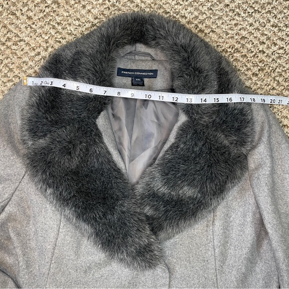 French Connection Charcoal Faux Fur Collared Double-Breasted Wool Blend Pea Coat - Picture 11 of 16